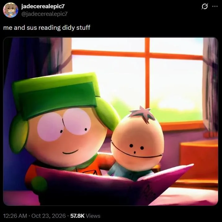 Twitter/X post of 'me and sus reading didy stuff' meme with South Park characters