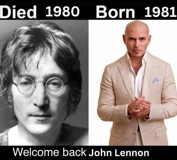 Died Born Welcome Back — John Lennon on left with another person on right showing 'Died 1980 Born 1981' with 'welcome back John Lennon' caption.