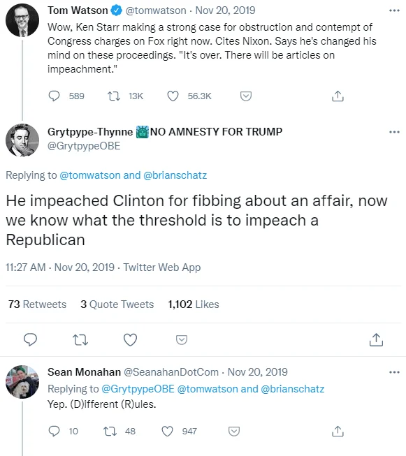 Different Rules — Twitter thread about Ken Starr and Trump impeachment ending with Sean Monahan writing Yep (D)ifferent (R)ules
