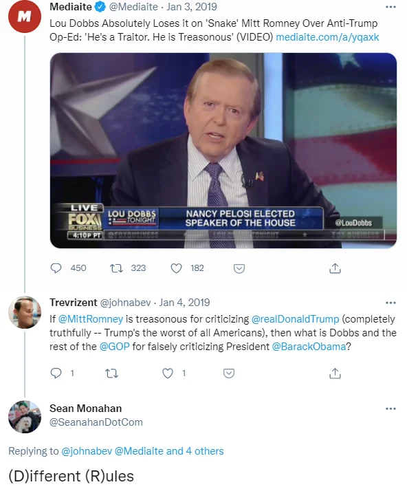 Different Rules — Twitter thread about Lou Dobbs and Mitt Romney ending with Sean Monahan replying (D)ifferent (R)ules