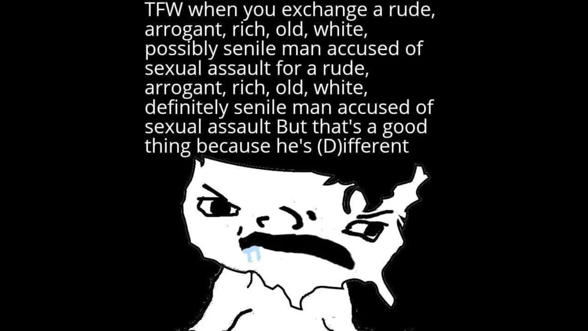Different Rules — USA-shaped angry wojak crying meme with TFW caption mocking Democratic double standards on sexual assault accusations