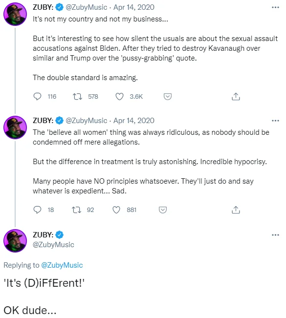 Different Rules — Zuby tweet thread criticizing double standards on Biden allegations with mock reply saying Its DiFfErEnt