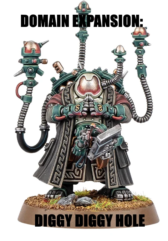 Warhammer 40K Votann space dwarf miniature captioned 'Domain Expansion: Diggy Diggy Hole'