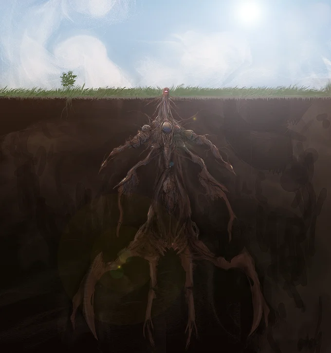 Diglett Underground — Horror-style artwork of Diglett as a monstrous creature with a long skeletal body hidden underground.