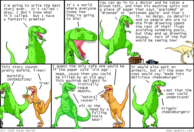 Six-panel Dinosaur Comics strip from 2005 about a machine that predicts causes of death.