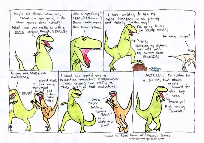 Hand-drawn fan tribute to Dinosaur Comics with T-Rex announcing he will become an oboe ninja.