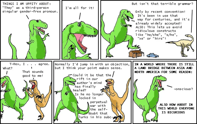 Six-panel Dinosaur Comics strip where T-Rex advocates for singular 'they' as a gender-free pronoun.
