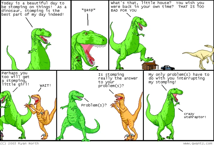 Six-panel Dinosaur Comics strip from 2003 where T-Rex discusses stomping and is interrupted by Utahraptor.