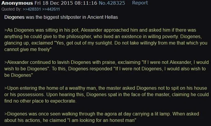 Diogenes Posting — 4chan post listing famous Diogenes anecdotes calling him ancient Greece's biggest shitposter