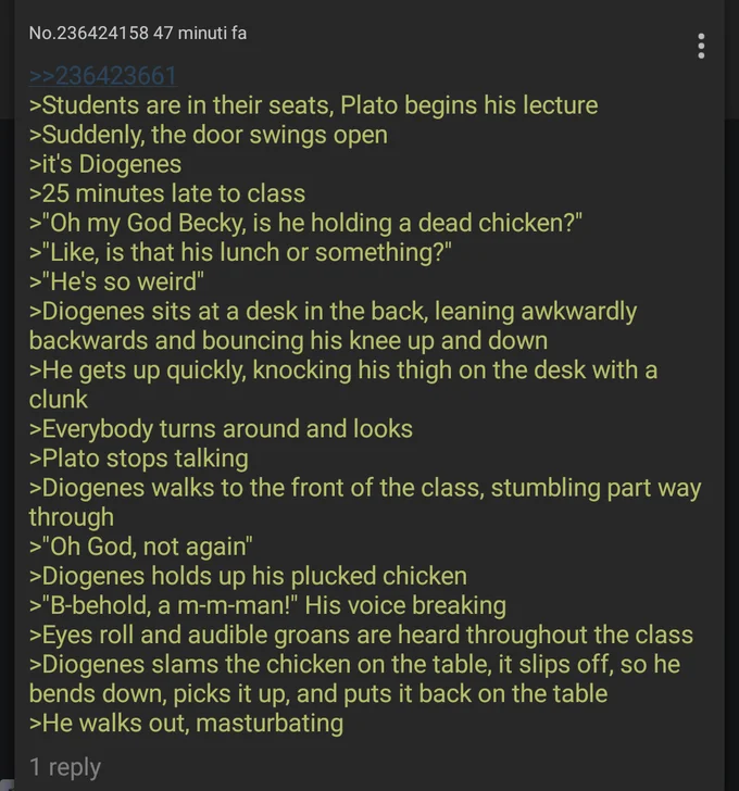 Diogenes Posting — 4chan greentext of Diogenes disrupting Plato's class with a plucked chicken