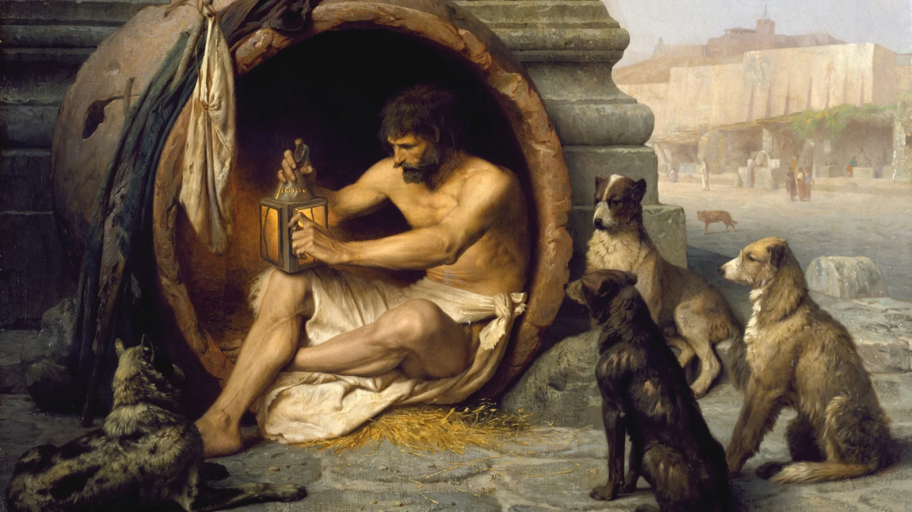 Diogenes Posting — Painting of Diogenes sitting in a barrel holding a lantern surrounded by dogs