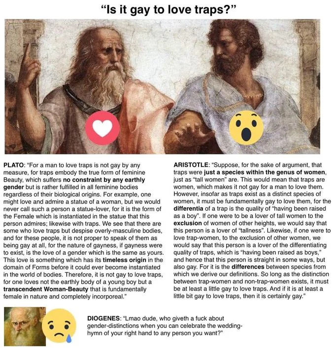 Diogenes Posting — Meme with Plato, Aristotle and Diogenes debating whether it is gay to love traps