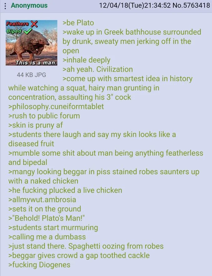 Diogenes Posting — 4chan greentext retelling the plucked chicken 'Behold, Plato's Man' story
