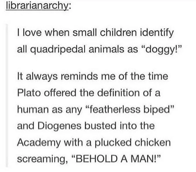 Diogenes Posting — Tumblr post retelling the Diogenes plucked chicken story