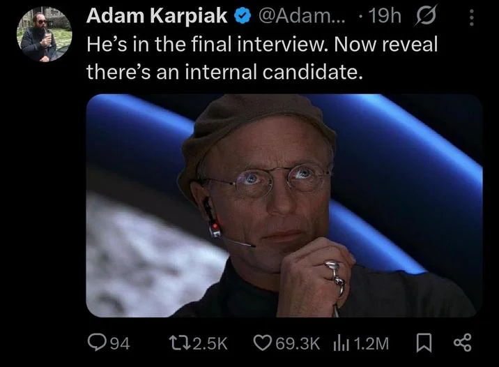 Director Christof / Truman Show — Tweet by Adam Karpiak using the Christof meme to satirize a job interview process