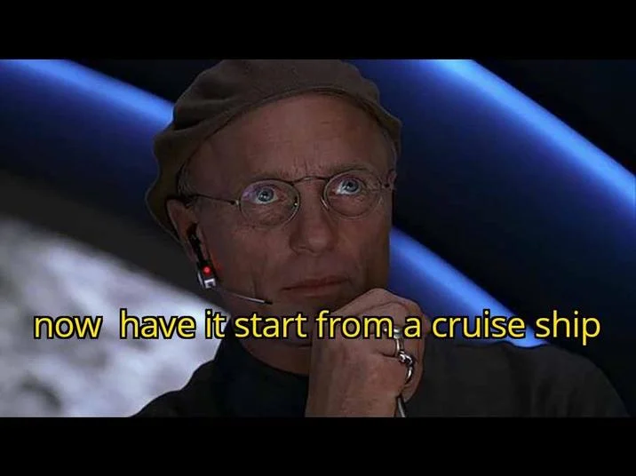 Director Christof / Truman Show — Christof meme with yellow caption 'now have it start from a cruise ship'