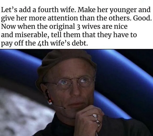 Director Christof / Truman Show — Christof meme with multi-line caption about adding a younger fourth wife and shared debt