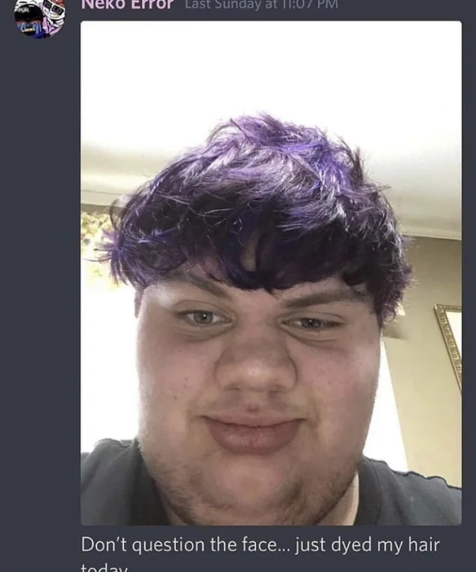 Discord Kitten — Discord screenshot of user Neko Error with purple-dyed hair captioned 'don't question the face just dyed my hair today'