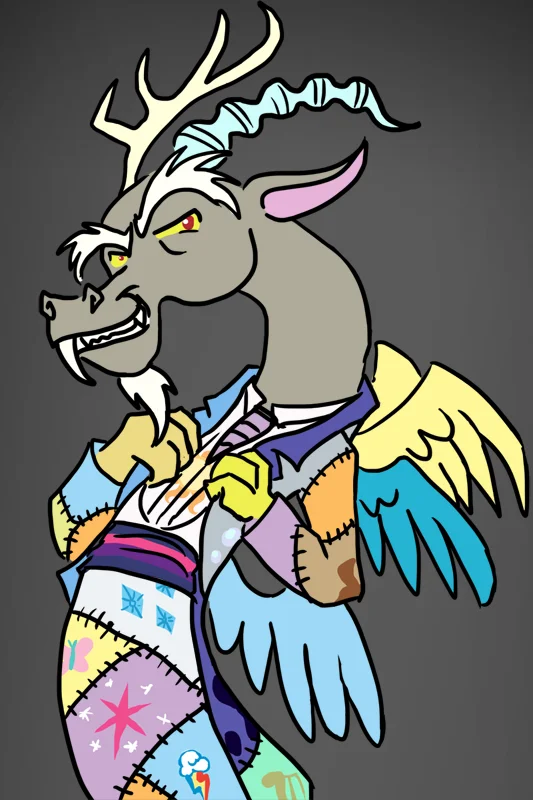 Discord wearing patchwork suit with Mane Six cutie marks