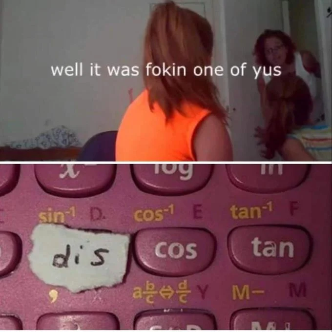 Disgustang video still above a calculator with dis cos tan buttons