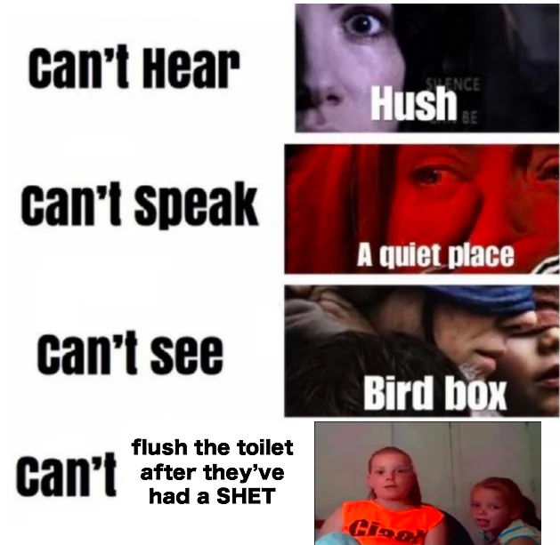 Horror movies comparison meme ending with disgustang sisters and toilet joke