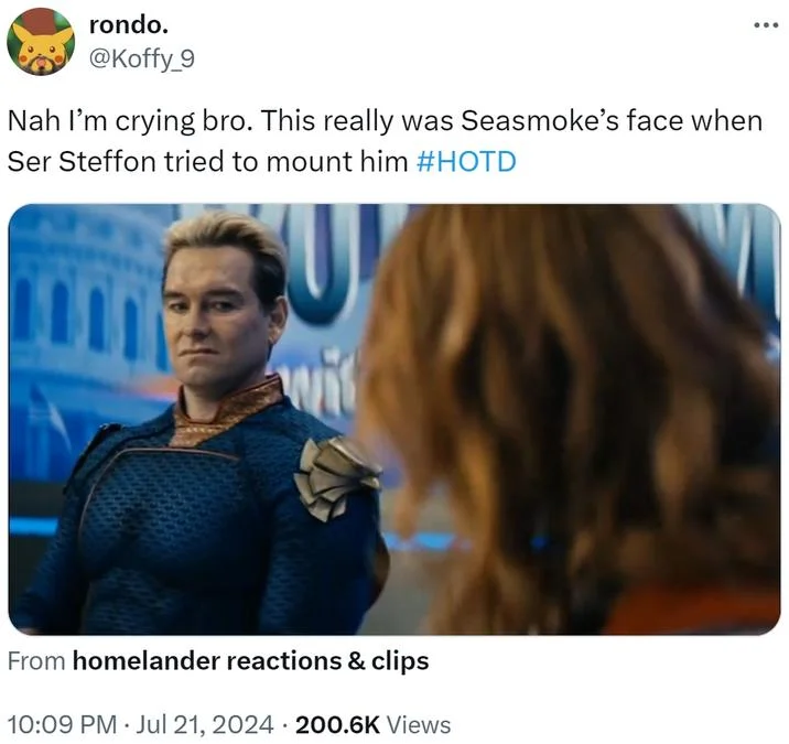 Disgusted Homelander — Twitter post comparing Homelander's disgusted expression to a Game of Thrones dragon reaction, with crossover joke context.