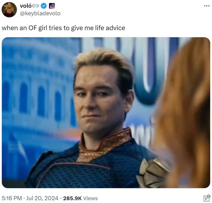 Disgusted Homelander — Twitter post showing Homelander in his blue costume with a disgusted expression, captioned about life advice from content creators.