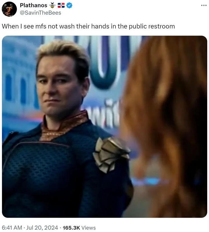 Disgusted Homelander — Twitter screenshot showing Homelander's expression of contempt used as a reaction to a post about public restroom hygiene.