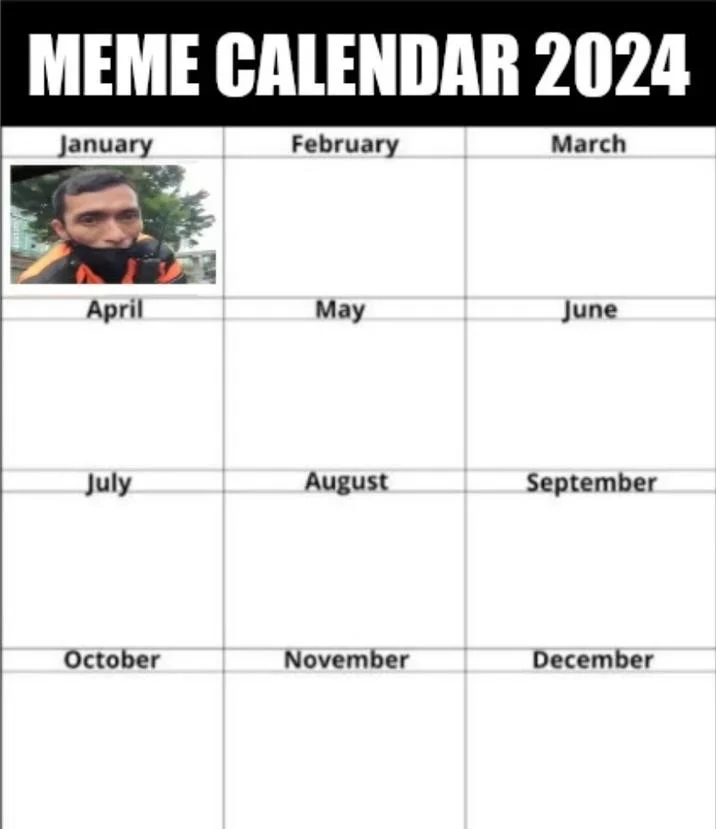 Dishub Officer Stuck On The Car Hood — 2024 meme calendar template with dishub officer featured in January month cell.