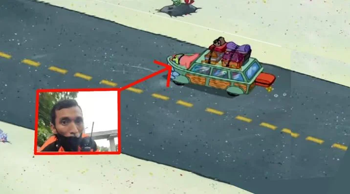 Dishub Officer Stuck On The Car Hood — Aerial view meme mashup with dishub officer image on road scene with cartoon vehicle and red directional outlines.