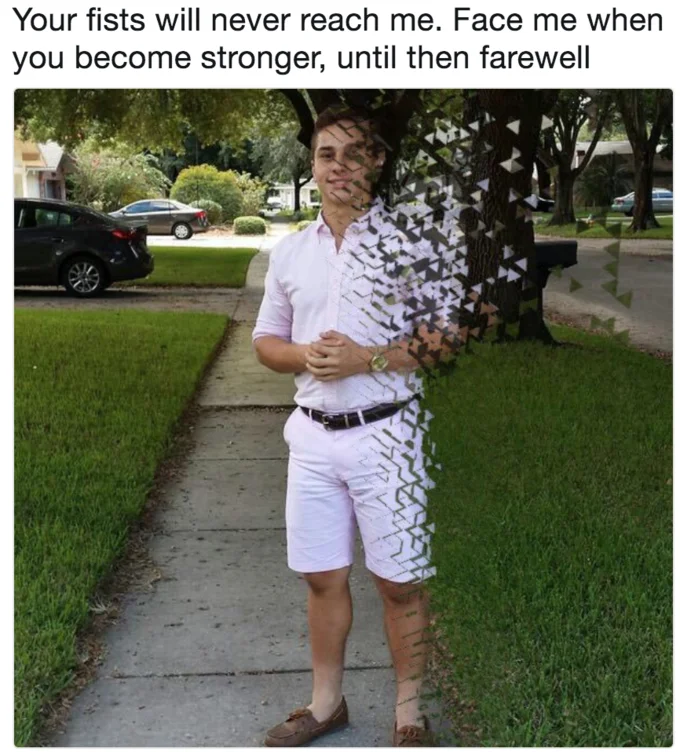 Disintegration Effect I Dont Feel So Good — Man in pink outfit disintegrating on sidewalk with farewell caption