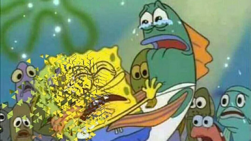 Disintegration Effect I Dont Feel So Good — SpongeBob disintegrating into triangles surrounded by shocked fish