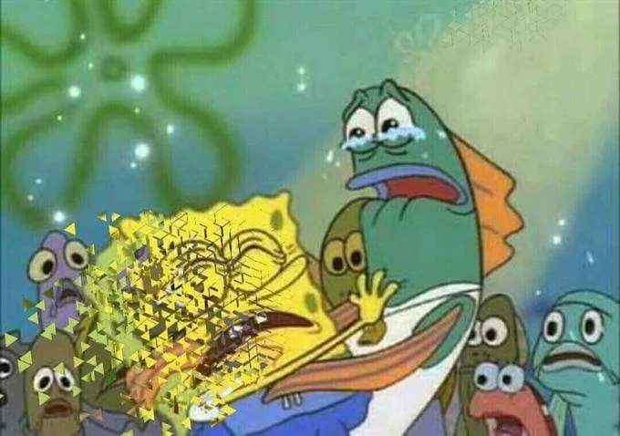 Disintegration Effect I Dont Feel So Good — SpongeBob turning to dust surrounded by shocked fish characters