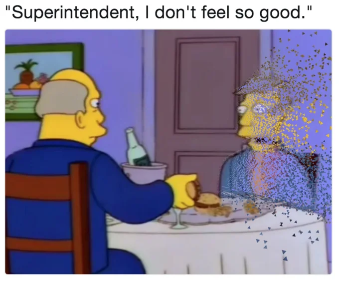 Steamed Hams Simpsons meme with Skinner disintegrating like a Thanos snap victim