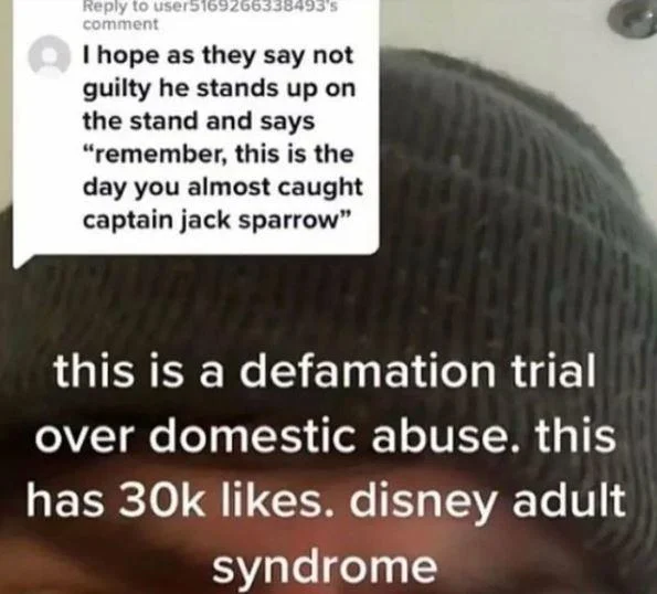 Disney Adults — TikTok screenshot criticizing Jack Sparrow reference on trial video as disney adult syndrome