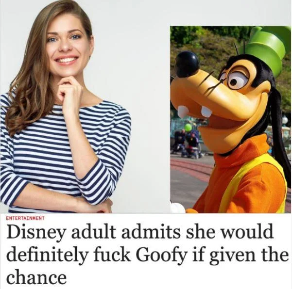 Disney Adults — Satirical headline with woman and Goofy character about Disney adult attraction
