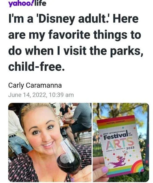 Disney Adults — Yahoo Life article about being a Disney adult visiting parks child-free with wine photo