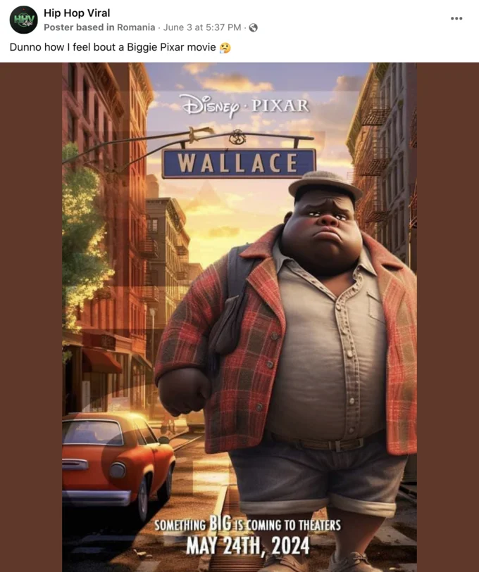 Disney Pixars Wallace — Facebook post from Hip Hop Viral account with Wallace poster and comment 'Dunno how I feel bout a Biggie Pixar movie'.