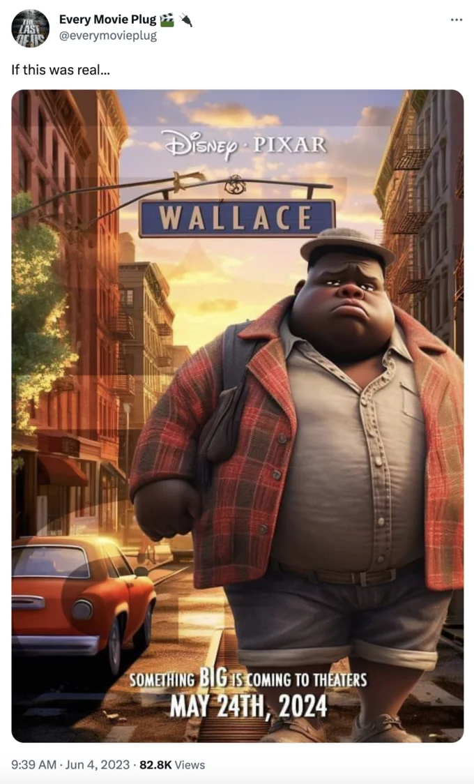 Disney Pixars Wallace — Twitter/X post from 'Every Movie Plus' account stating 'If this was real...' with Wallace poster.