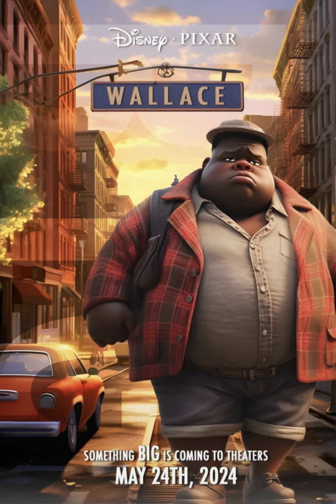 Disney Pixars Wallace — Viral fake Pixar movie poster showing character in red plaid jacket with Disney Pixar logo, Wallace street sign, and May 24th release