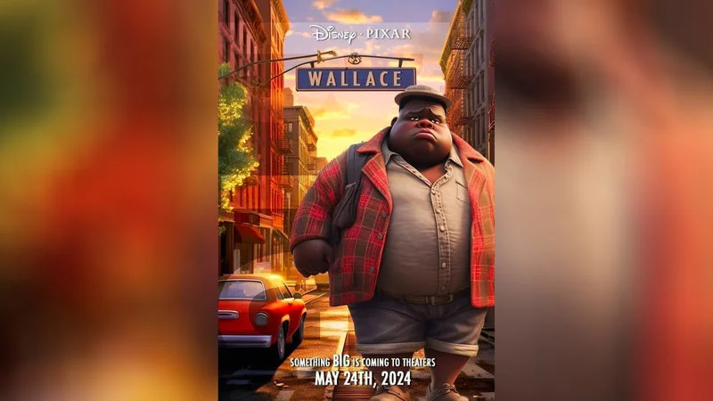 Disney Pixars Wallace — Stylized version of Wallace poster with warm bokeh background, character in red plaid, Disney Pixar branding, and May 24th release text.