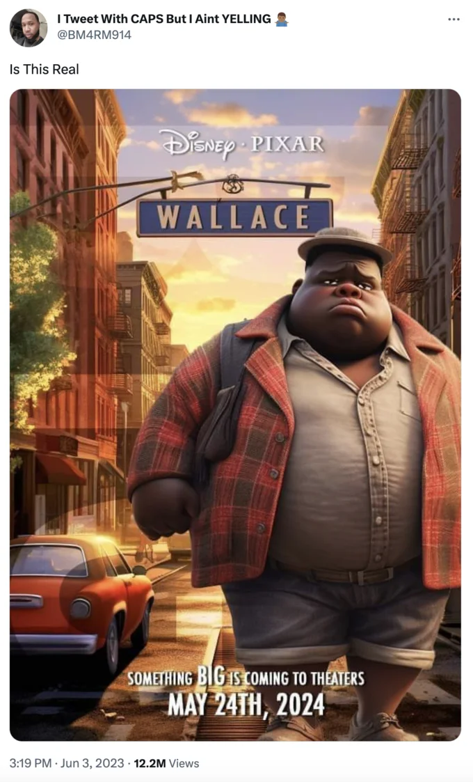 Disney Pixars Wallace — Twitter/X screenshot from @DavidBVA asking 'Is This Real' about the Wallace poster.