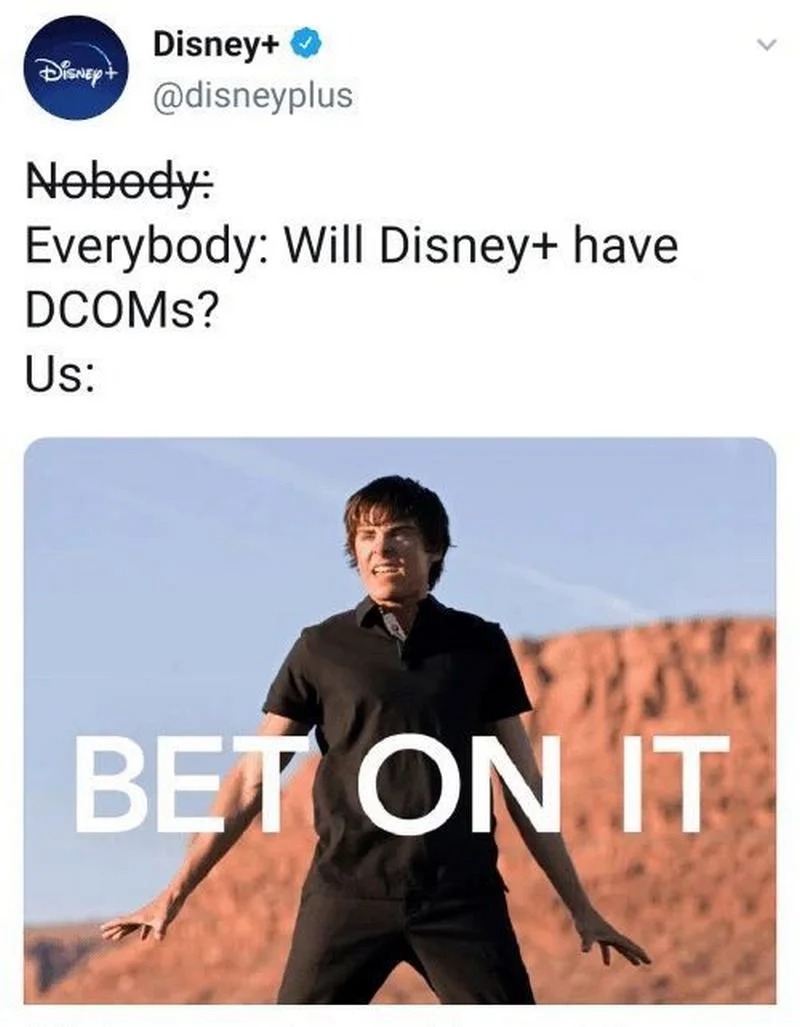 Disney Plus Bundle — Twitter screenshot from official Disney+ account asking about original DCOM movies with confident 'Bet on it' reaction image.