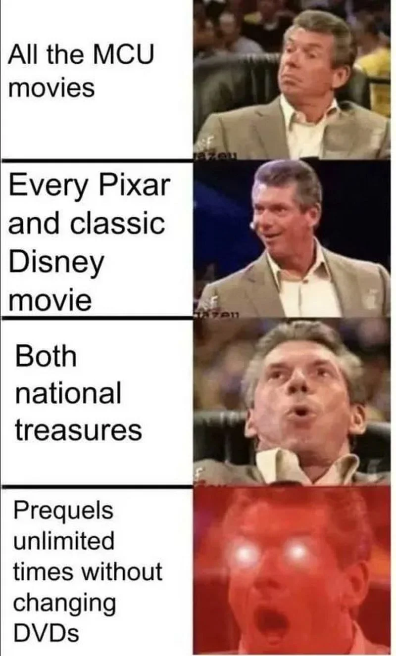 Disney Plus Bundle — Four-panel reaction meme showing escalating enthusiasm about Disney+ content including MCU, Pixar, National Treasure, and prequel viewing.