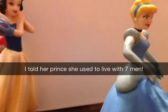 Disney Princess — Snapchat of Snow White and Cinderella figurines with a joking caption about gossiping princes