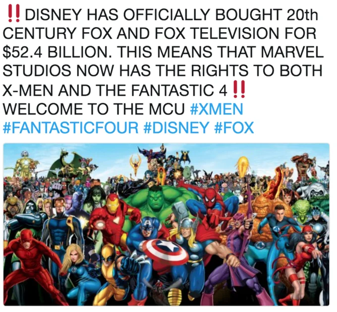 Social media post about Disney acquiring 20th Century Fox with Marvel heroes image