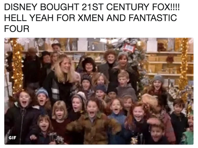 Meme showing children cheering with text about Disney buying 21st Century Fox