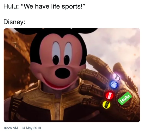 Disney — Mickey Mouse as Thanos with Infinity Gauntlet showing Hulu and media logos