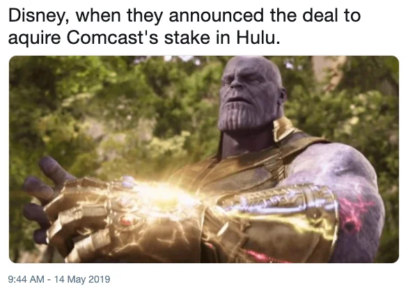 Thanos with Infinity Gauntlet meme about Disney acquiring Hulu