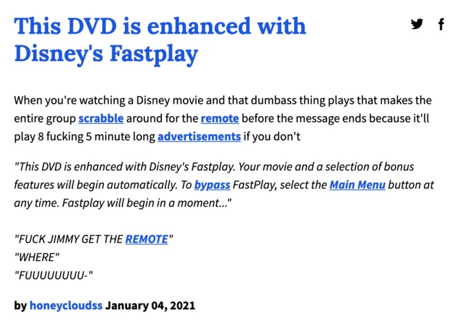 Text post by honeycloudss joking about the panic of finding the remote before Disney's FastPlay begins